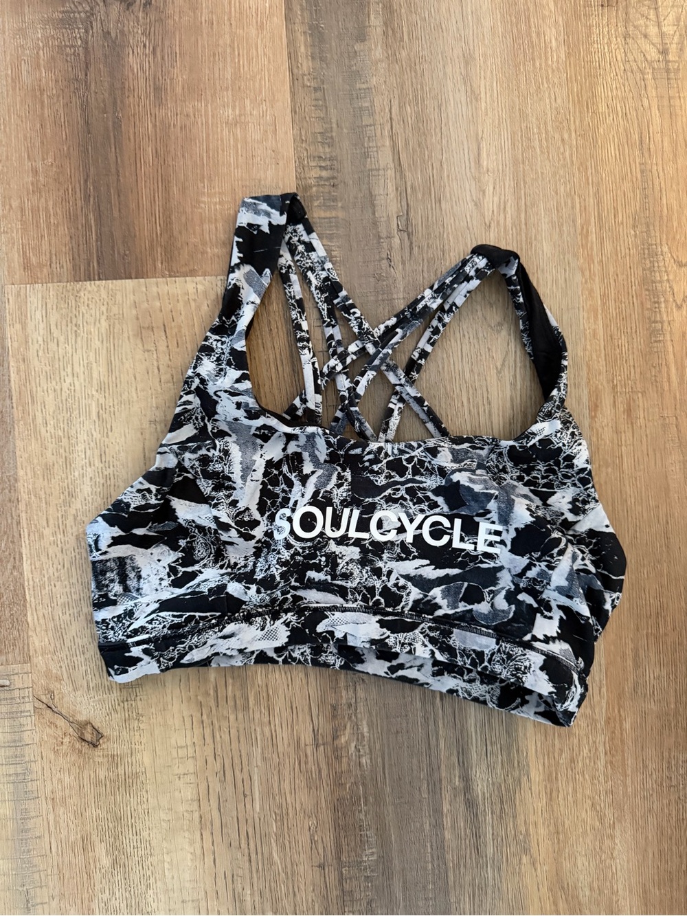 Lululemon x SoulCycle Black & White Marble-Print Strappy Sports Bra
